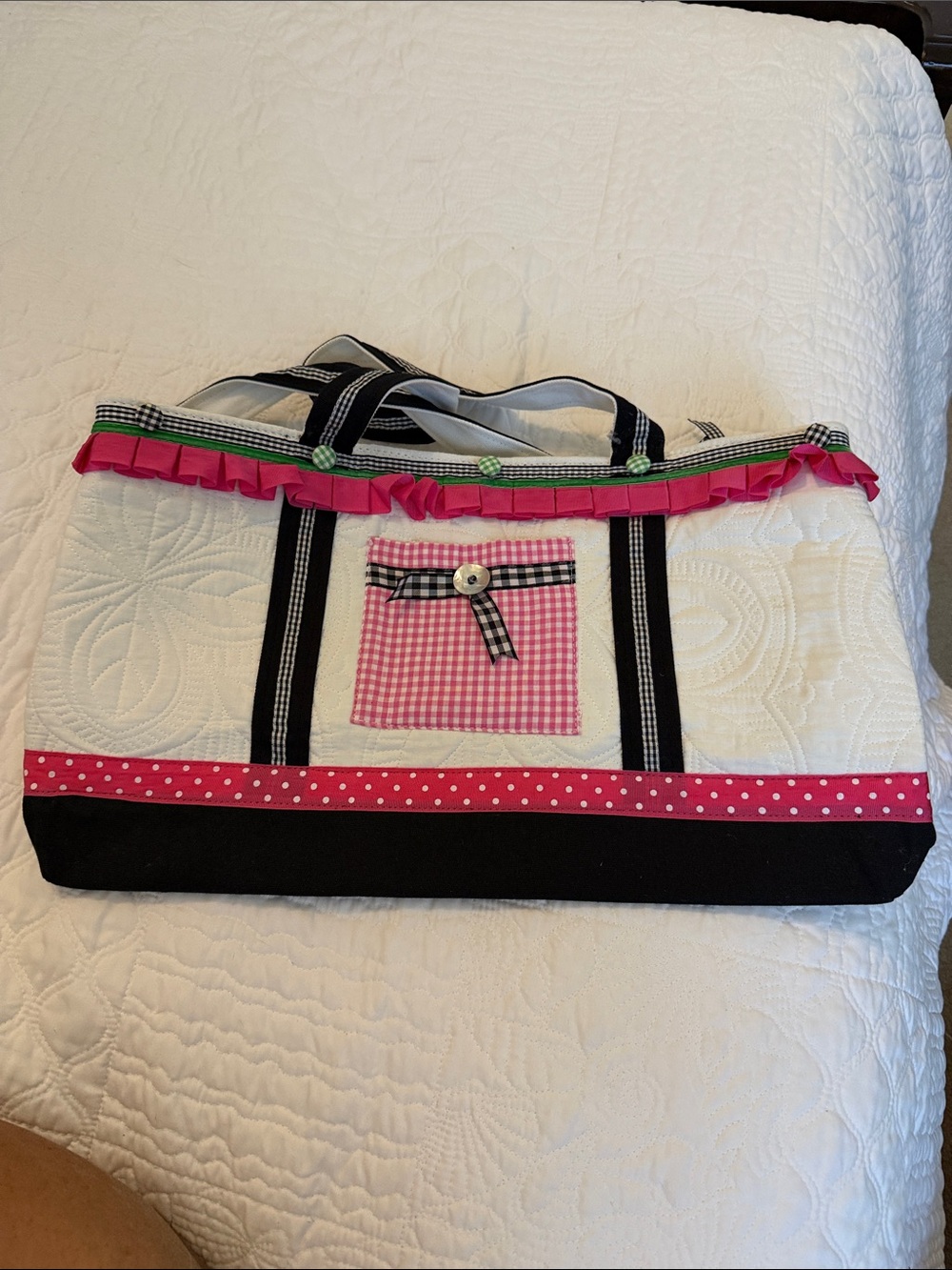 Quilted White and Pink Polka Dot Tote Bag